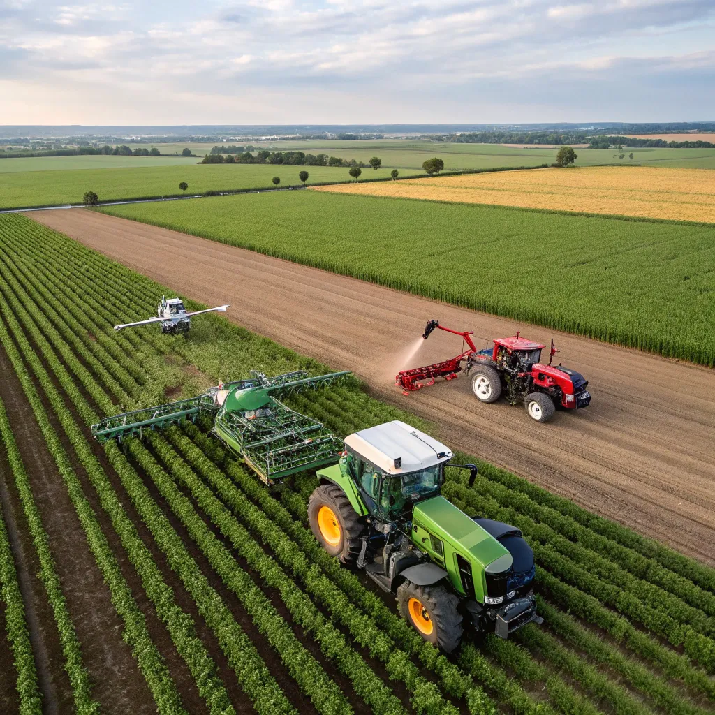 Modern farming machinery in use at a large farm